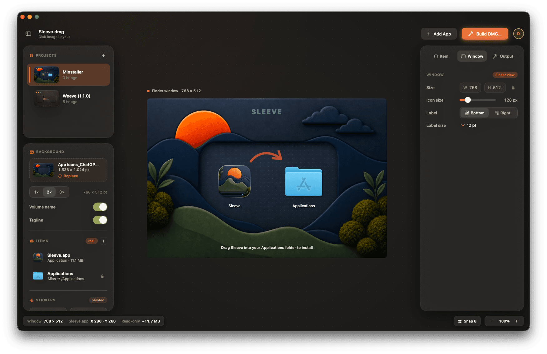 Sleeve designing a DMG install window